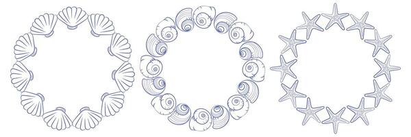 Set of three round marine frames made of seashells, spiral shells and starfish. Hand drawn nautical wreaths in blue outline. Perfect for summer, sea decor, cards and beach wedding design. vector