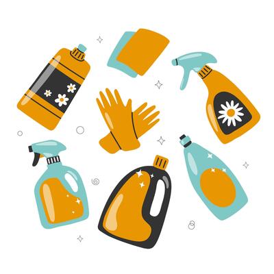 Set of cleaning supplies in flat cartoon style. Detergent bottles, gloves, sponges and sprays