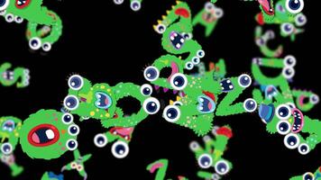 Vibrant green fluffy letters with eyes animate energetically against a black backdrop, creating a whimsical and lively visual experience video