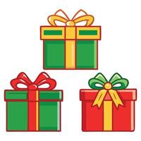 Christmas Gift Box Icons in Solid, Outline, and Flat Styles with Red and Green Wraps and Golden Ribbons vector
