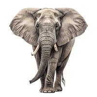 An elephant is standing in front of a white background photo