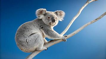 A koala is sitting on a branch with a blue sky in the background photo
