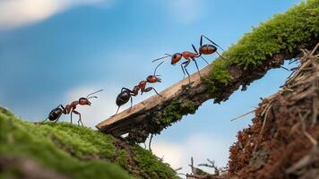 Three ants walking on top of a log photo