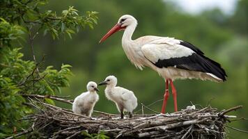 A stork and her two babies are standing in a nest photo