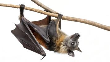 A bat hanging upside down on a branch photo