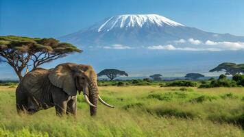 An elephant is standing in the grass with a mountain in the background photo