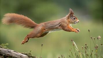A red squirrel jumping over a log photo