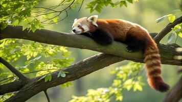 A red panda is sitting on a tree branch photo