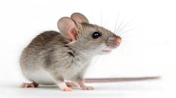 A mouse is standing in front of a white background photo