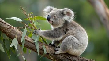 A koala is sitting on a branch eating leaves photo