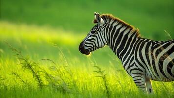 A zebra standing in a field of green grass photo