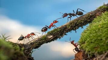 A group of ants walking on a branch photo