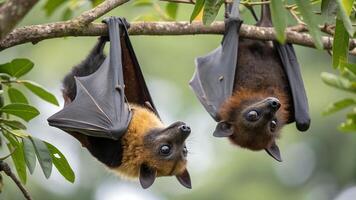 Two bats hanging upside down on a tree branch photo