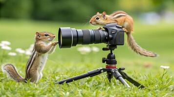 Two squirrels are standing on a tripod with a camera photo