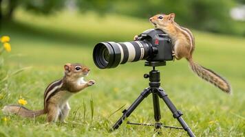 Two chipmunks are standing on a tripod with a camera photo