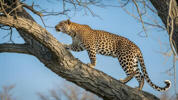 A leopard is standing on a tree branch photo