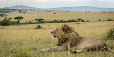 A lion is sitting in the grass on a large field photo