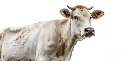 A close up of a cow standing in front of a white background photo