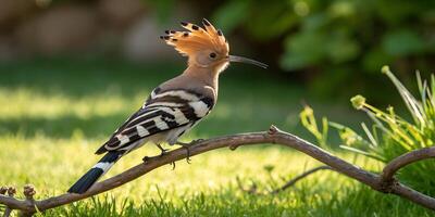 Hoopoe bird sitting on a branch in the grass photo