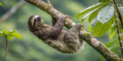 A sloth hanging on a tree branch in the jungle photo