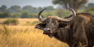 A large buffalo with large horns standing in a field photo