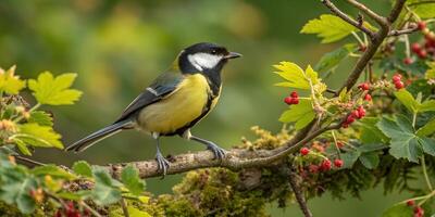 A bird is sitting on a branch with berries photo