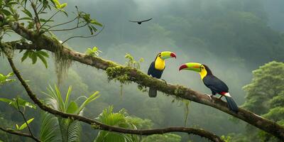 Two toucans perched on a branch in the jungle photo