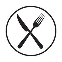 Black knife and fork crossed inside circle white cutlery vector