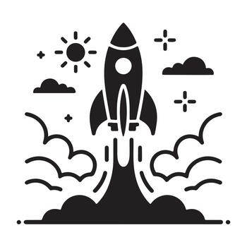 Black rocket launching through clouds with sun and stars space spaceship vector