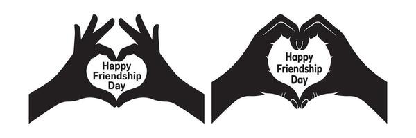 Two black silhouette hands forming heart shape with Happy Friendship Day text love vector