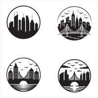 Four black and white circular city skyline illustrations vector