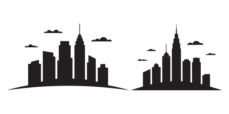 Black silhouette city skylines with clouds white