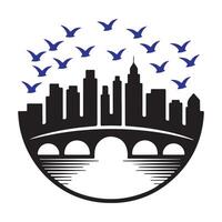 Black cityscape with bridge and blue birds skyline vector