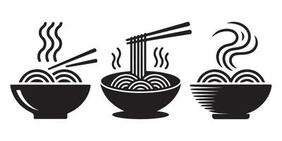 Three black bowls of steaming noodles with chopsticks vector