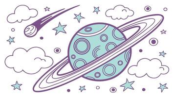 A light blue planet with purple rings, surrounded by stars, clouds and a comet on a white background vector