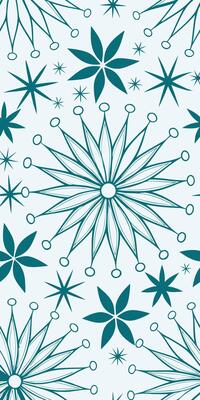 Seamless pattern of stylized snowflakes with pointed petals and small circles on the tips, arranged on a light blue background