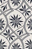 Seamless pattern with floral and geometric elements in dark blue and beige, stylized flowers and leaves arranged in a circular and square grid vector