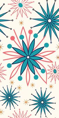 A seamless pattern of stylized flowers with teal petals, pink accents, and small gold stars on a cream background