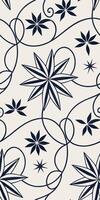 Seamless pattern with navy blue floral elements, including star-shaped flowers and swirling vines, set against a cream-colored background, creat vector