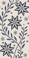 Seamless pattern with dark blue floral elements and stars on a light beige background, symmetrical design, botanical theme, decorative repeat vector