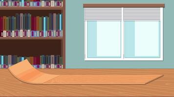 A hand manipulates a small skateboard on a wooden ramp in a library setting, showcasing smooth transitions and playful movement video