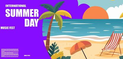Beach scene with palm trees and sun vector