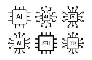 Six modern artificial intelligence microchip icons for technology applications vector