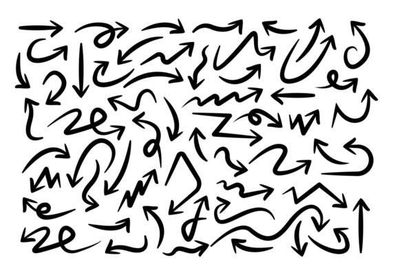 Hand drawn arrow icons set. Sketch arrows doodle collection. Simple black arrow illustration