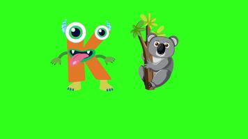 Bright animation with letter 'K' transforming into a koala, set against a vivid green background video