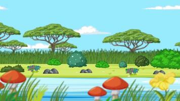 Colorful animation of a lush landscape with trees, flowers, and mushrooms, featuring smooth transitions and a calm atmosphere video