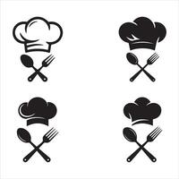 Four black chef hats with crossed spoon and fork icons vector