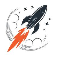 Dark blue rocket launching with orange flames and starbursts space blastoff ignition vector