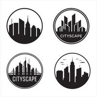 Four black and white circular cityscape logos skyline vector