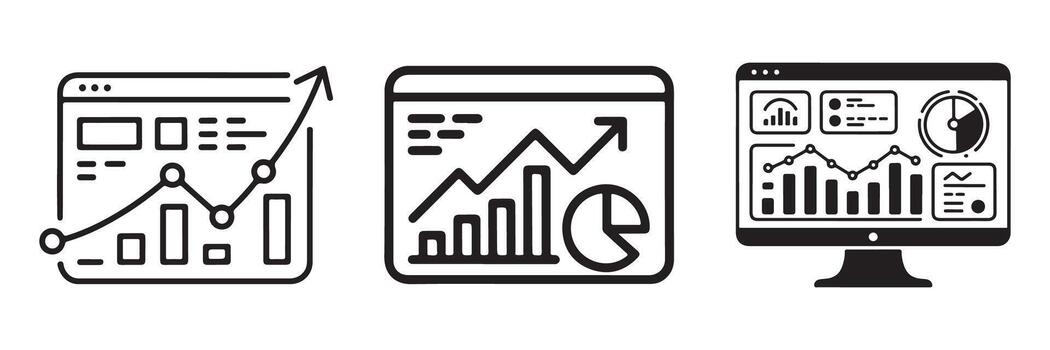 Tres negro línea íconos de financiero cartas y gráficos en blanco antecedentes analítica datos vector